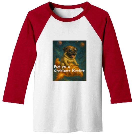 Pug on a Croissant Rocket Baseball Tees
