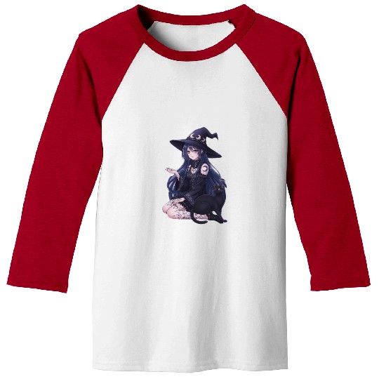 Dark Fantasy Anime Girl & Gothic Black Cat Art Baseball Tees