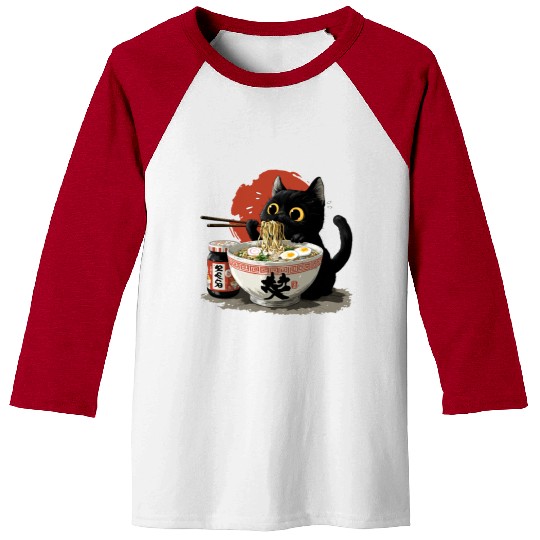 Black Cat Eating Ramen Japanese Funny Cat Baseball Tees
