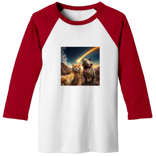Cat and Dinosaur Meteor Selfie Meme Funny Baseball Tees