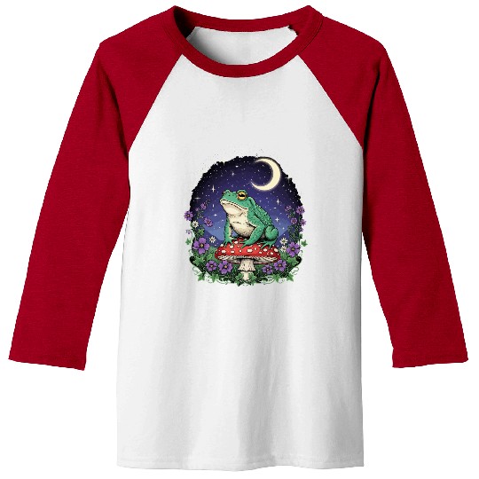 Green Frog on Red Mushroom - Starry Night Baseball Tees