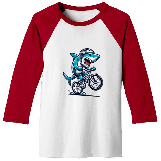 Shark Racing on Bike • Funny Cycling Shark Ride Baseball Tees