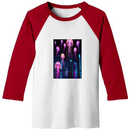 Neon Jellyfish Over Cyber City Baseball Tees