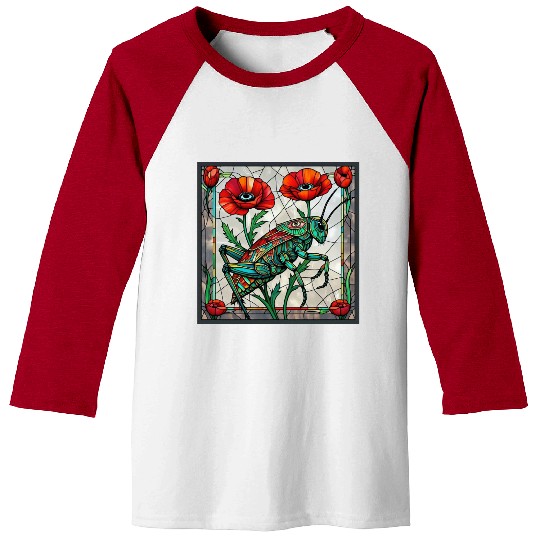 Grasshopper cricket stained glass poppy flower Baseball Tees
