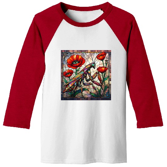 Praying mantis stained glass vibrant poppy flower Baseball Tees