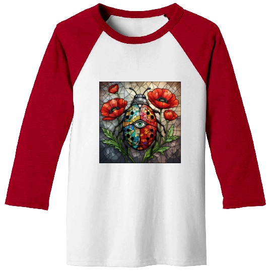 Ladybug stained glass vibrant poppy flower insect Baseball Tees