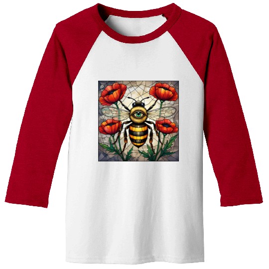 Bumble bee stained glass vibrant poppy flower eye Baseball Tees