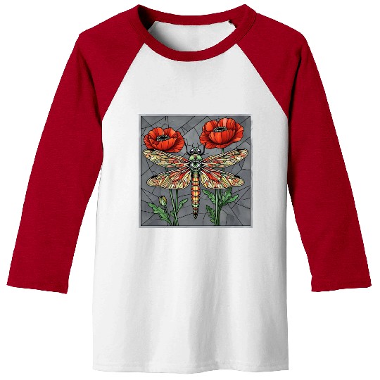 Dragonfly stained glass design vibrant poppy eye Baseball Tees