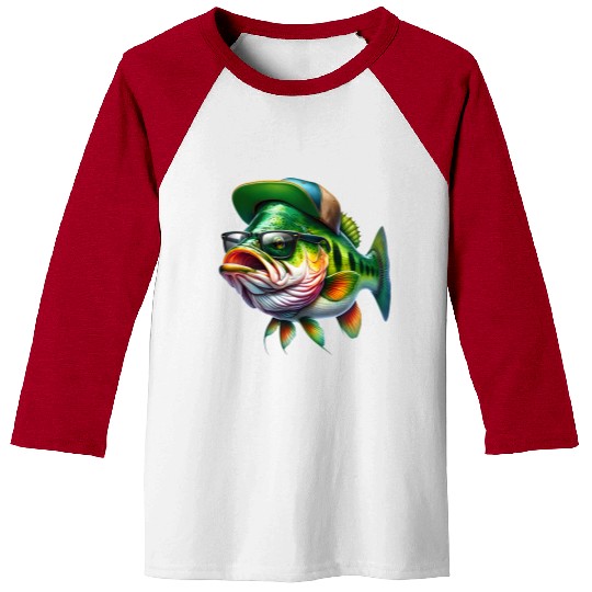 Cool Bass Fish with Green Hat and Glasses Baseball Tees
