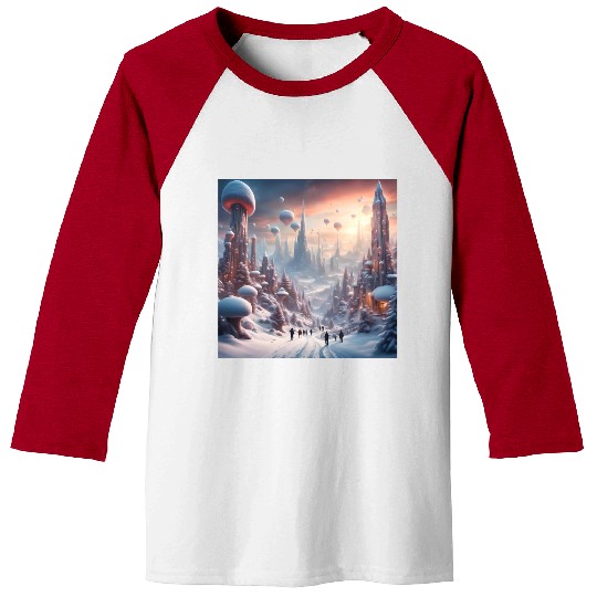 Futuristic Snowy Cityscape with Floating Balloons Baseball Tees