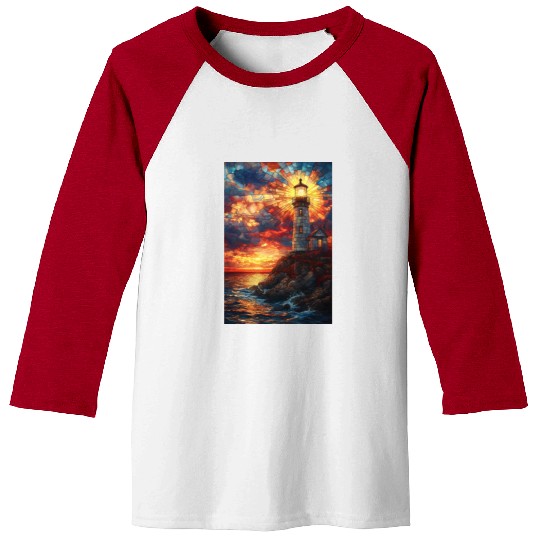 Stained Glass Lighthouse Sunset Baseball Tees