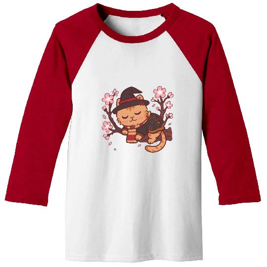 Cute Witch Cat with Cherry Blossoms Baseball Tees