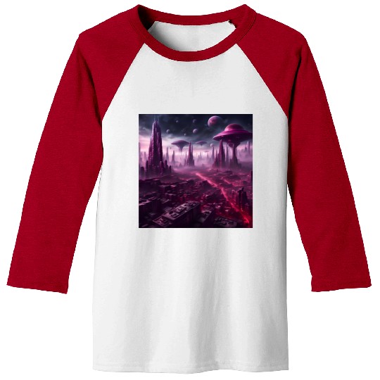 Sci-Fi Future World And Alien City in Neon Pink Baseball Tees