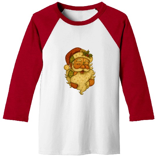 Patchwork Santa Face Vintage Christmas Folk Art Baseball Tees