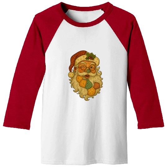 Patchwork Santa Face Vintage Christmas Folk Art Baseball Tees
