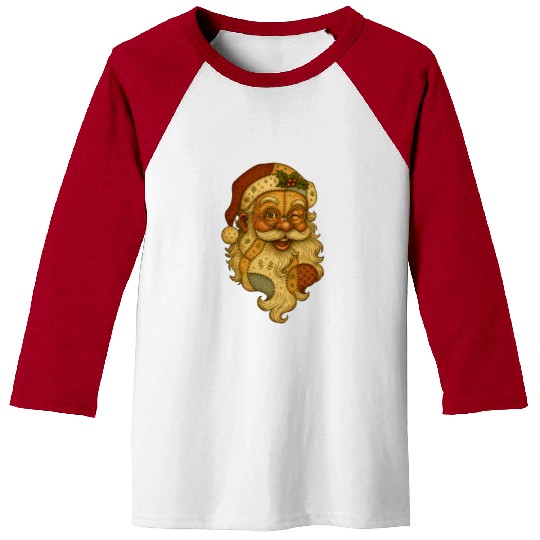 Patchwork Santa Face Vintage Christmas Folk Art Baseball Tees