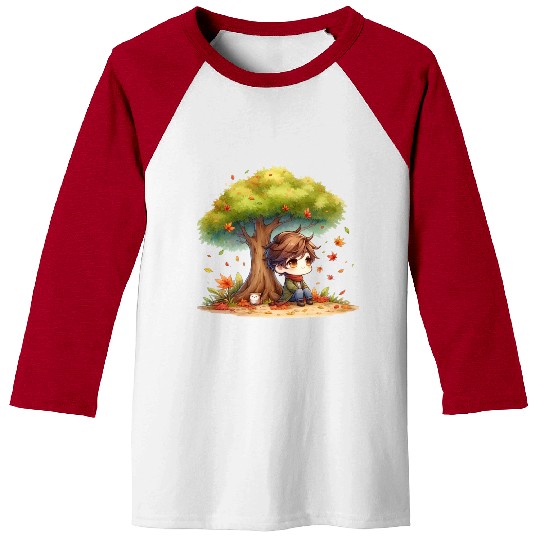 Autumn Serenity Chibi under a Maple Tree Baseball Tees