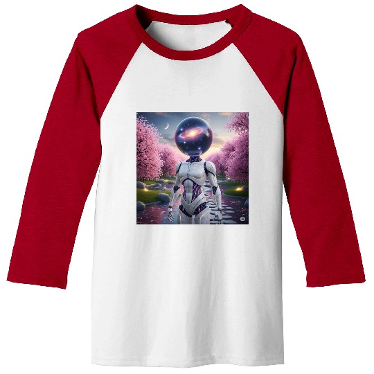 Futuristic Robot in Cherry Blossom Paradise Baseball Tees
