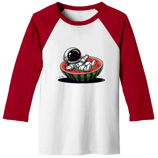 Playful Astronaut on Watermelon Slice Baseball Tees