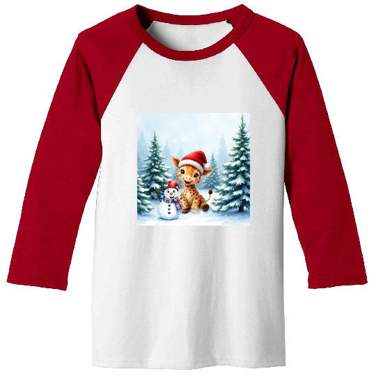 Festive Giraffe with Snowman Santa Hat Baseball Tees