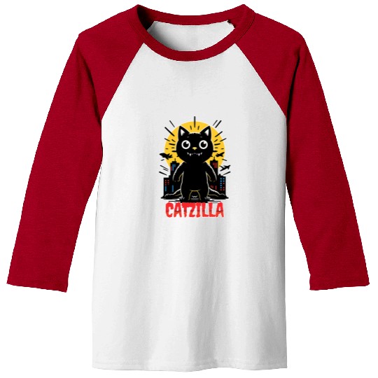 Nighttime City Monster Catzilla Design Baseball Tees
