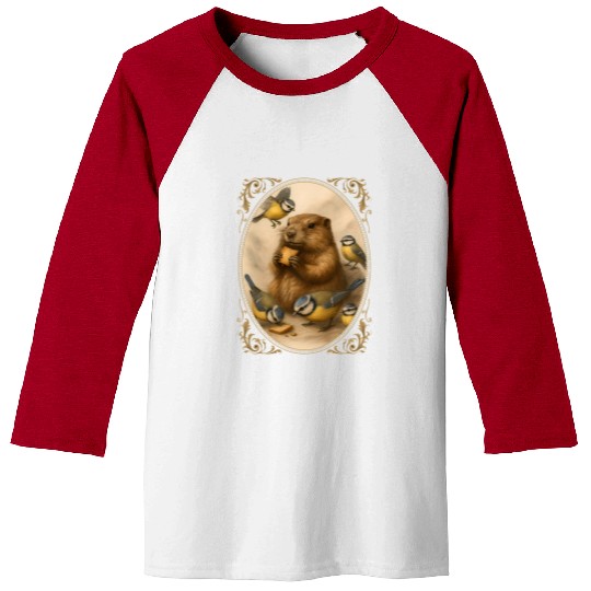 Marmot groundhog cute animal eating with birds Baseball Tees