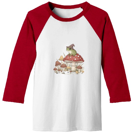 Whimsical Forest Frog in Magic Mushroom Scene Baseball Tees