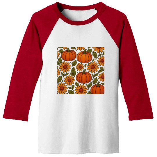 Autumn Pumpkin and Daisy Pattern Baseball Tees