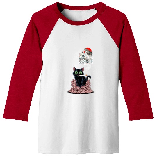 Black Cat Smoking Cigarette Catzilla Baseball Tees