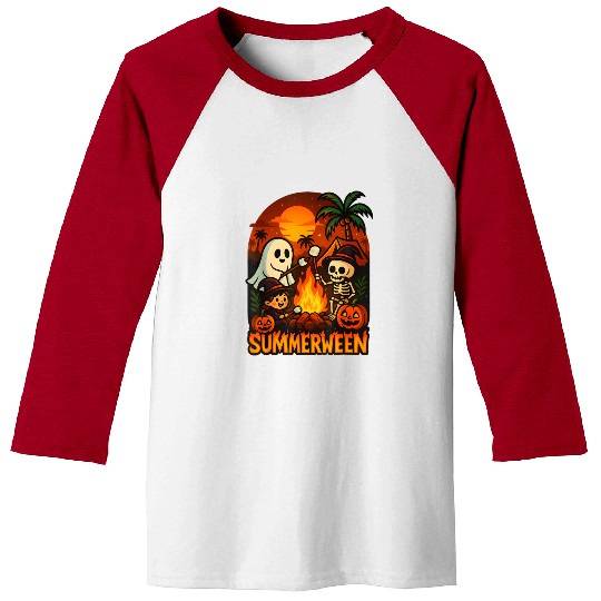 Summerween Campfire Ghost Skeleton Funny Halloween Baseball Tees