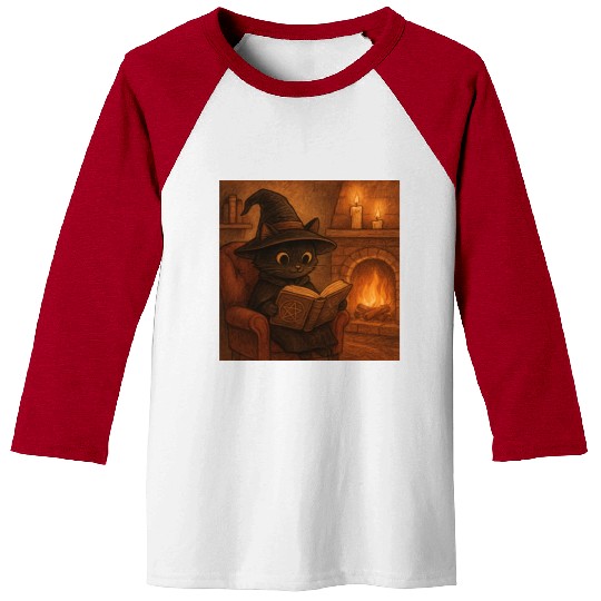 Enchanted Cat Witch by the Fireplace Baseball Tees