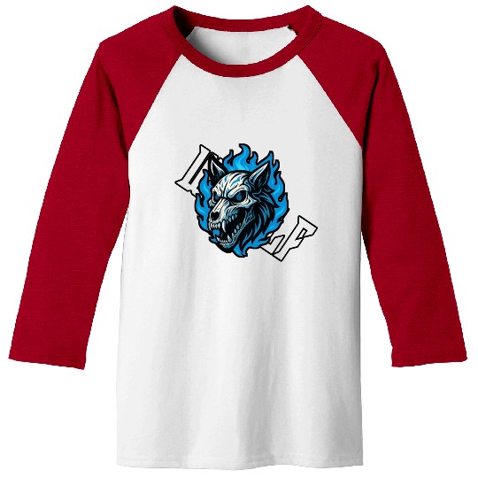 Fierce Wolf Skull with Blue Flames Baseball Tees