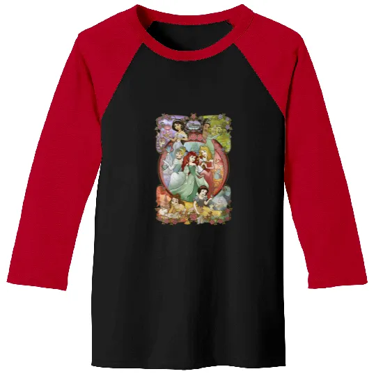 Womens Disney Princess Classic Cartoon Group Collage V-Neck Baseball Tees