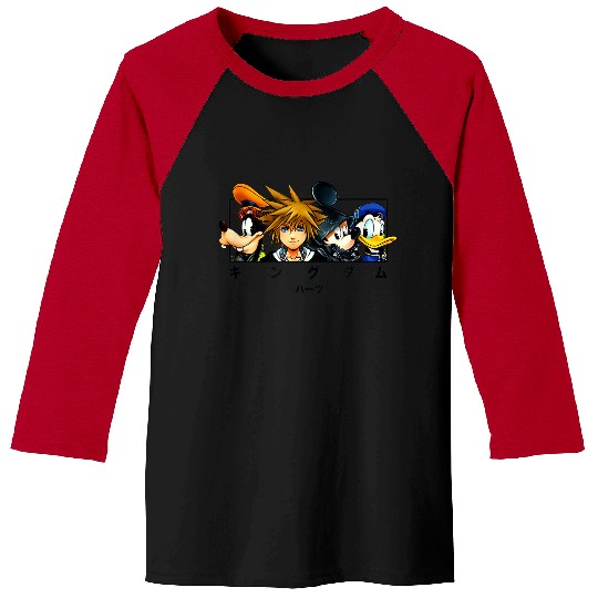 Disneyss Kingdom Hearts Main Characters Panel Chest Kanji Logo Baseball Tees