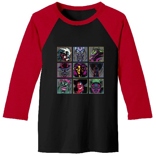 Disney Villains Colorful Neon Big Face Group Shot Panels Baseball Tees