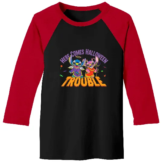 Disneyss Stitch Angel Here Comes Halloween Trouble Baseball Tees