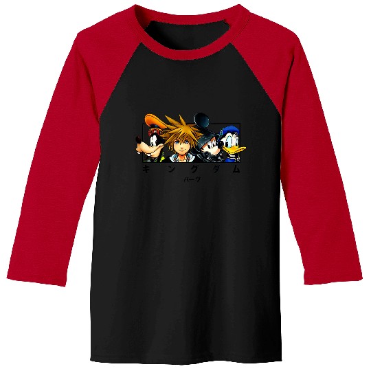 Disneyss Kingdom Hearts Main Characters Panel Chest Kanji Logo Baseball Tees