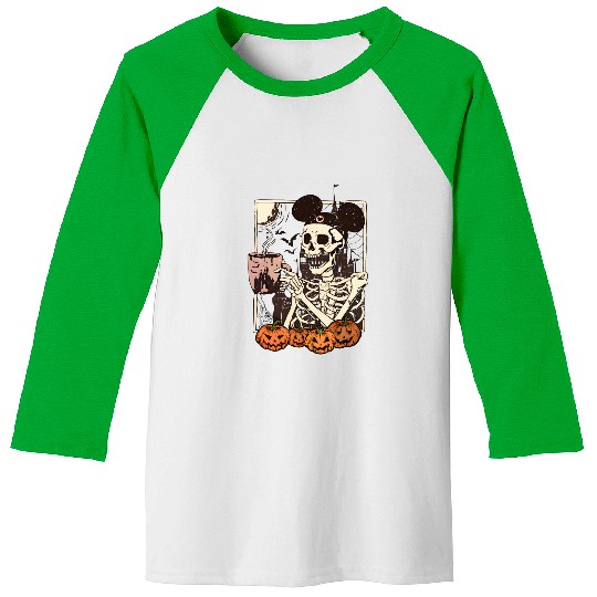 Vintage Disney Skeleton  Color Baseball Tees, Mickey Skeleton Coffee Baseball Tees