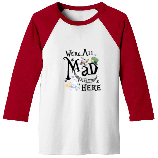 Disney Alice In Wonderland Cheshire Cat We're All Mad Here Retro Baseball Tees,