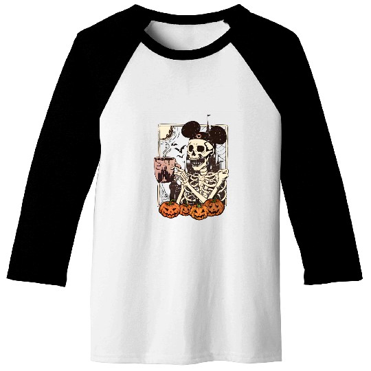 Vintage Disney Skeleton  Color Baseball Tees, Mickey Skeleton Coffee Baseball Tees