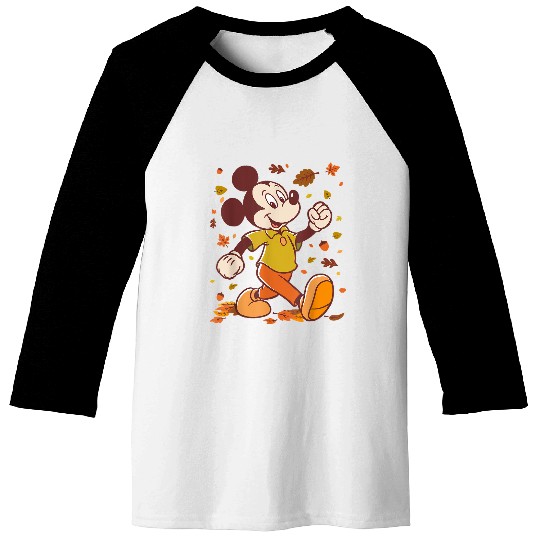 Disneyss Mickey Mouse Strolling Through Autumn Leaves Fall Baseball Tees