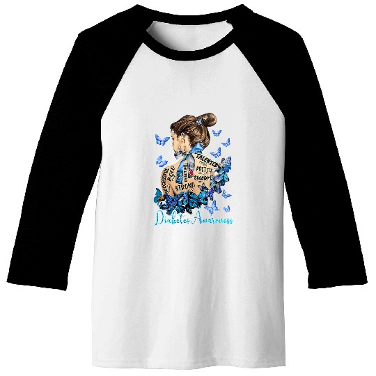 Diabetic Disease Messy Bun Hair Women Blue Butterfly 60 Baseball Tees