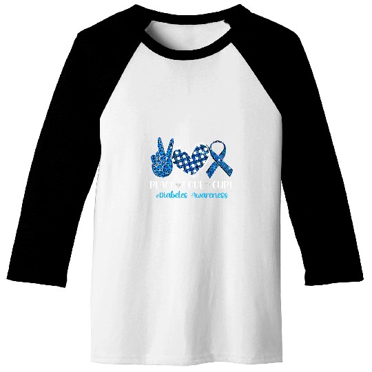 Diabetic Disease Peace Love Cure Grey Blue Ribbon Baseball Tees