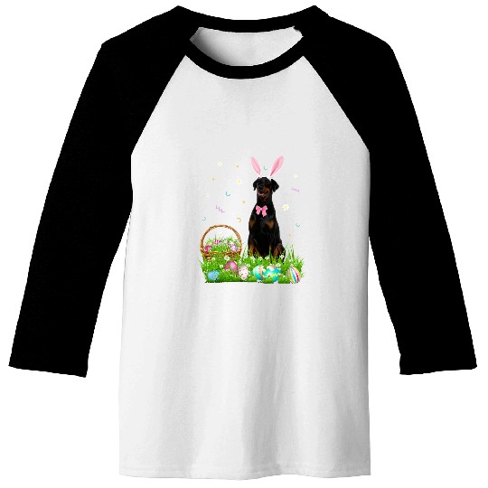 Dog Doberman Cute Doberman Easter Day Bunny Eggs Easter Costume Womens Baseball Tees