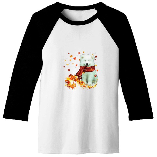 Dog Samoyed Fall Scarf Dogs Autumn Leaves Baseball Tees