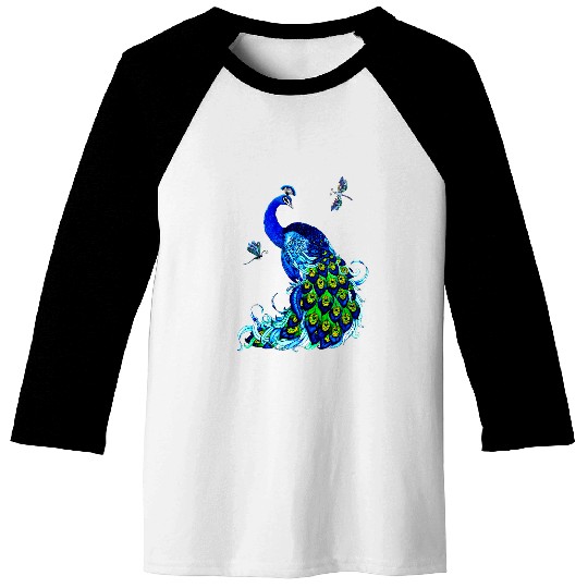 Blue Peacock and Dragonflies 2 Baseball Tees