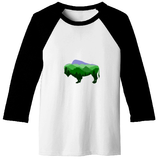 Bison Buffalo Tree Line Landscape Forest Mountains Baseball Tees