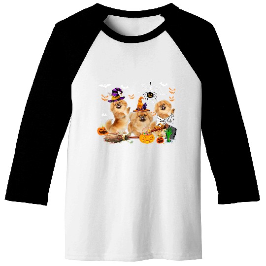 Three Pekingese Dogs Witch Halloween Mummy Scary Pumpkins Baseball Tees