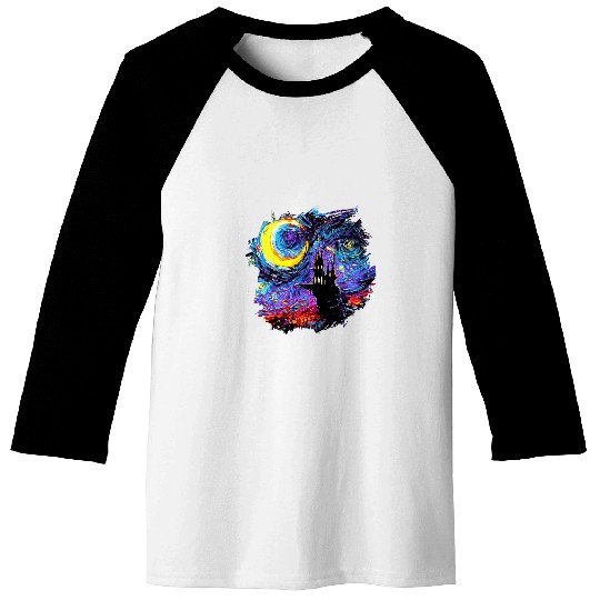 Haunted House with Moon and border Starry Night Art by Aja Baseball Tees