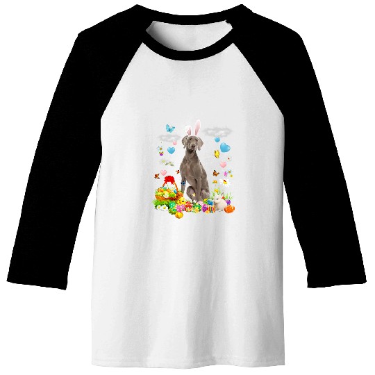 Happy Easter Cute Bunny Dog Weimaraner Eggs Basket Funny Baseball Tees